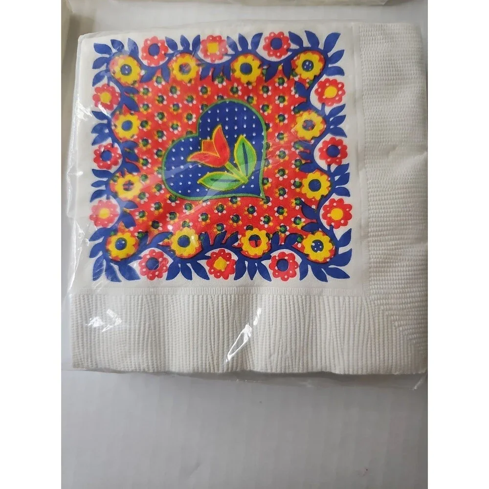 Vintage Hallmark Folk Art Heart Beverage Napkins Sealed Lot of 4 Mid Century